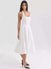 Elegant Sleeveless Halter Neck A-Line Backless Lace up Midi Dress