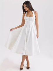 Elegant Sleeveless Halter Neck A-Line Backless Lace up Midi Dress