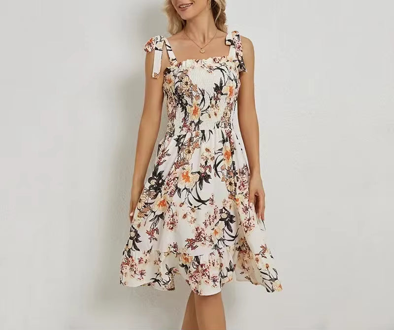 Elegant Sleeveless Halter Strappy Printed Cocktail Party Knee Length Dress