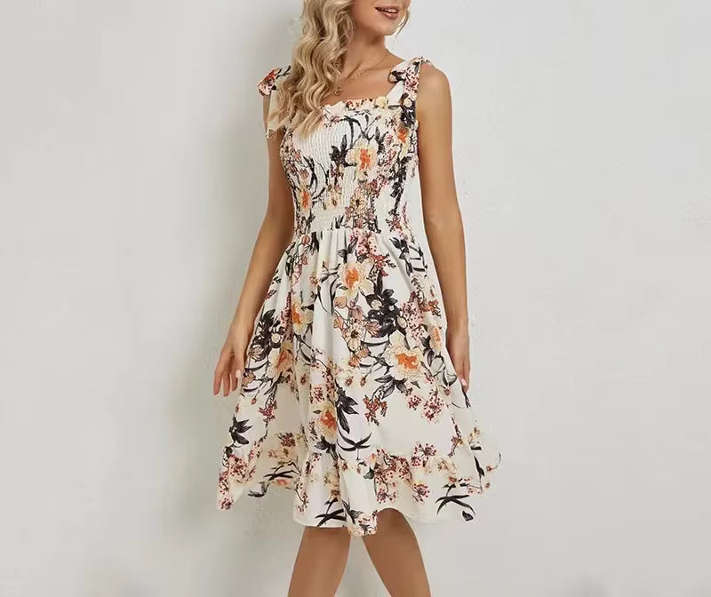 Elegant Sleeveless Halter Strappy Printed Cocktail Party Mini Dress