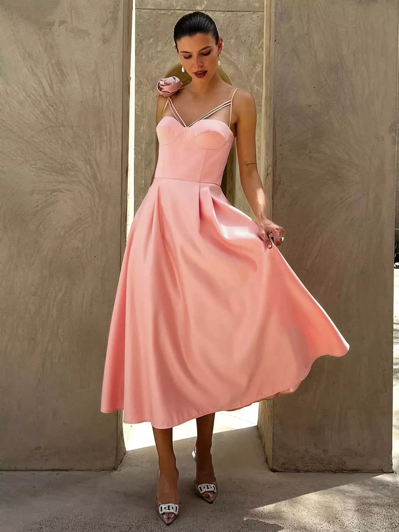 Elegant Sleeveless Heart Neckline A-Line Slip With 3D Flower Decoration Midi Dress