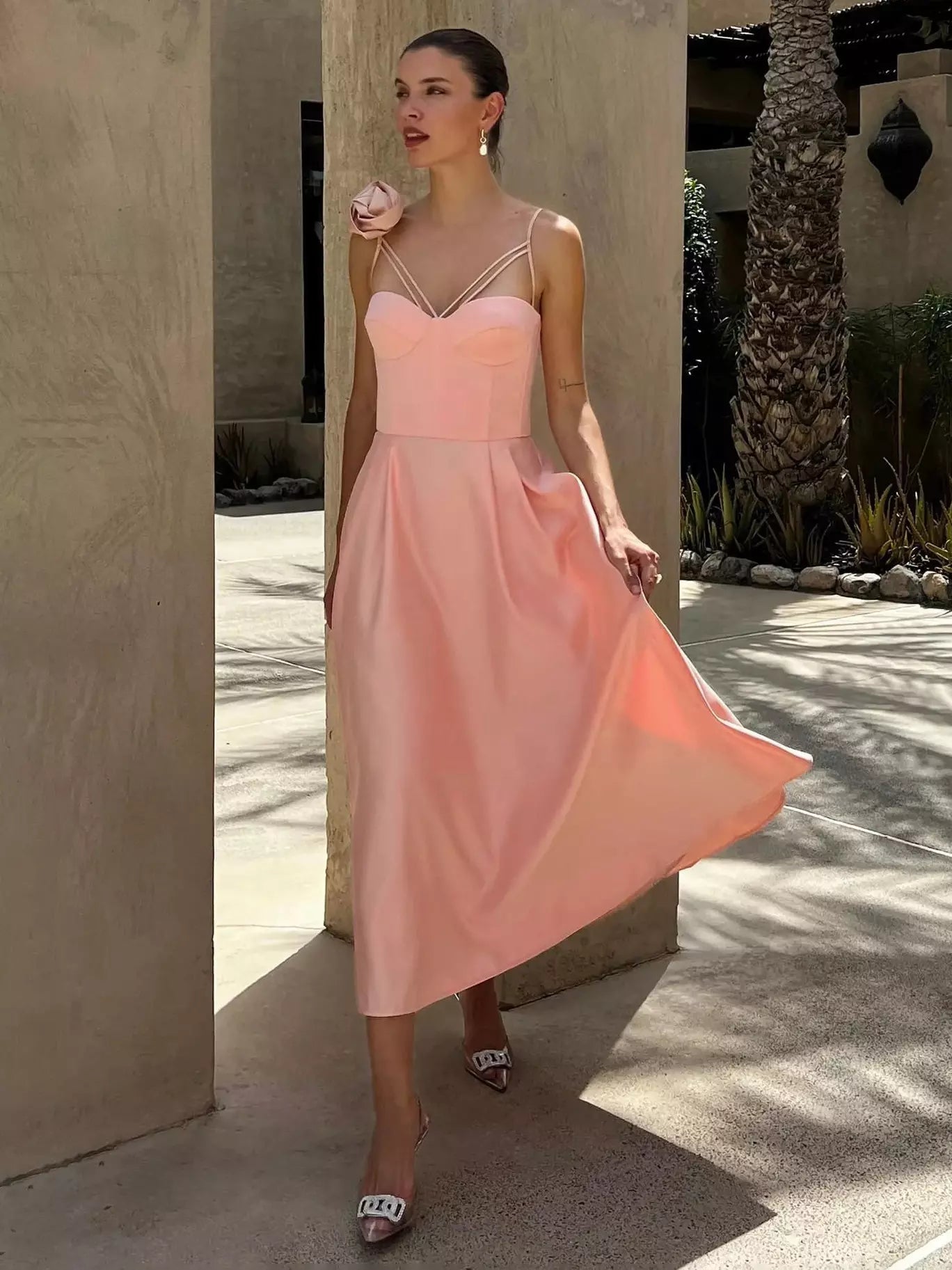 Elegant Sleeveless Heart Neckline A-Line Slip With 3D Flower Decoration Midi Dress