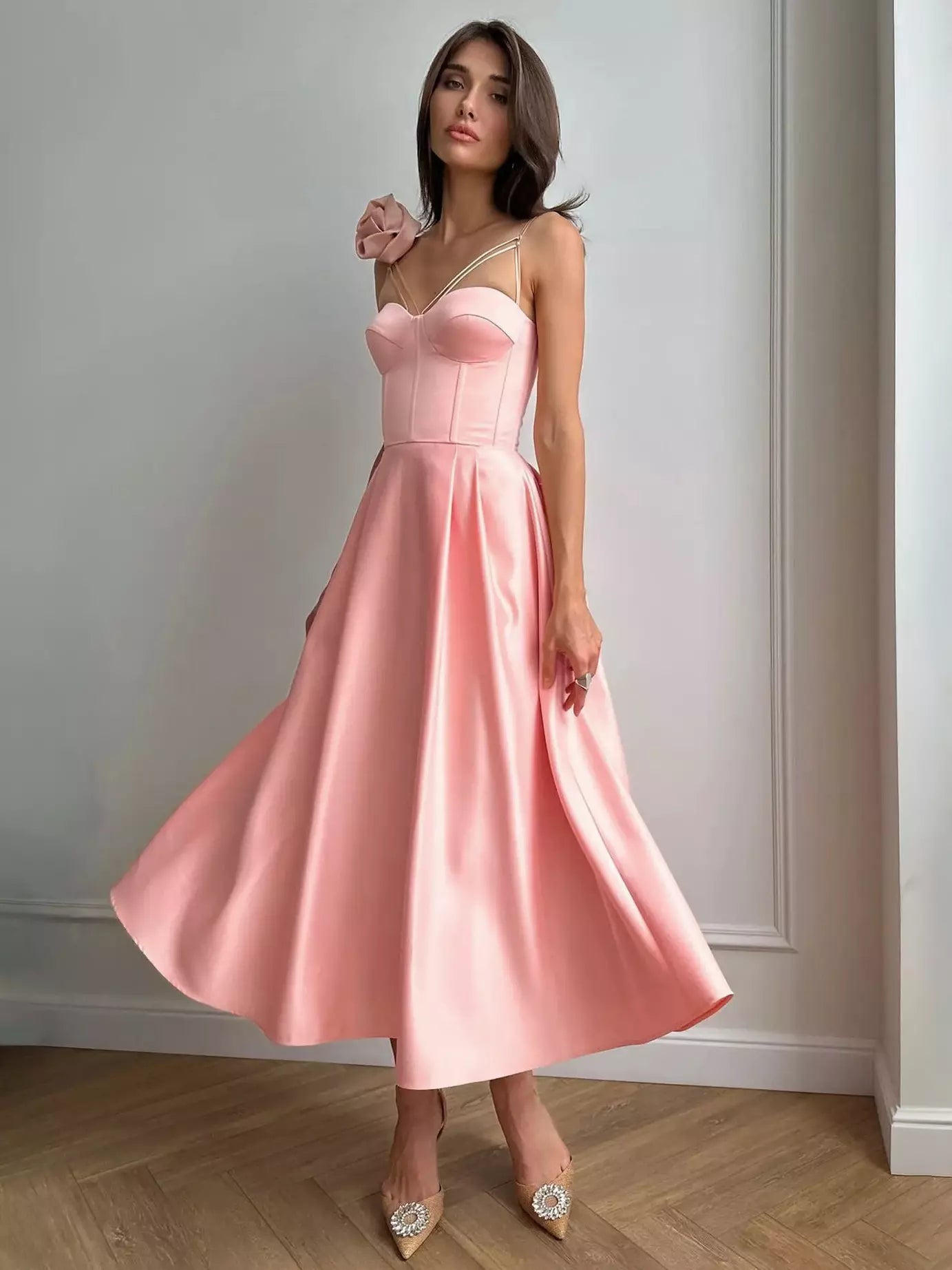 Elegant Sleeveless Heart Neckline A-Line Slip With 3D Flower Decoration Midi Dress