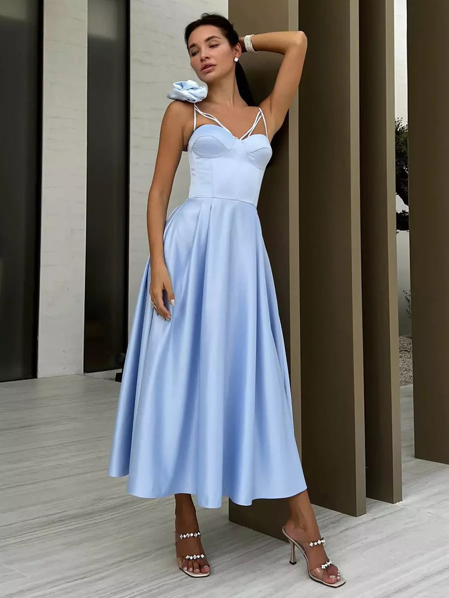 Elegant Sleeveless Heart Neckline A-Line Slip With 3D Flower Decoration Midi Dress