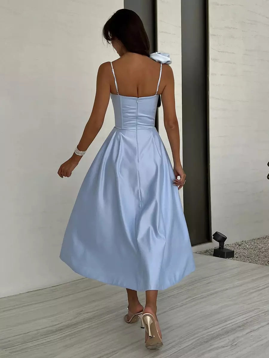 Elegant Sleeveless Heart Neckline A-Line Slip With 3D Flower Decoration Midi Dress