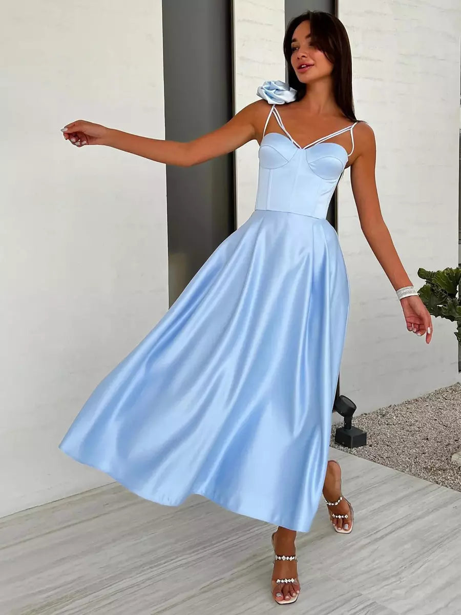 Elegant Sleeveless Heart Neckline A-Line Slip With 3D Flower Decoration Midi Dress