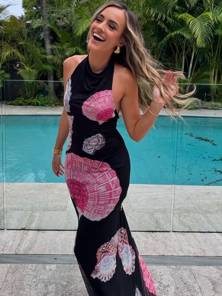 Elegant Sleeveless High Waist Print Shell Backless Slim Maxi Dress Beachwear