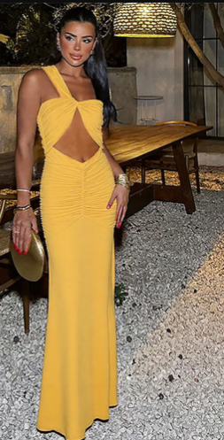 Elegant Sleeveless Hollow Out Diagonal collar Night Club Evening Party Long Maxi Dress 