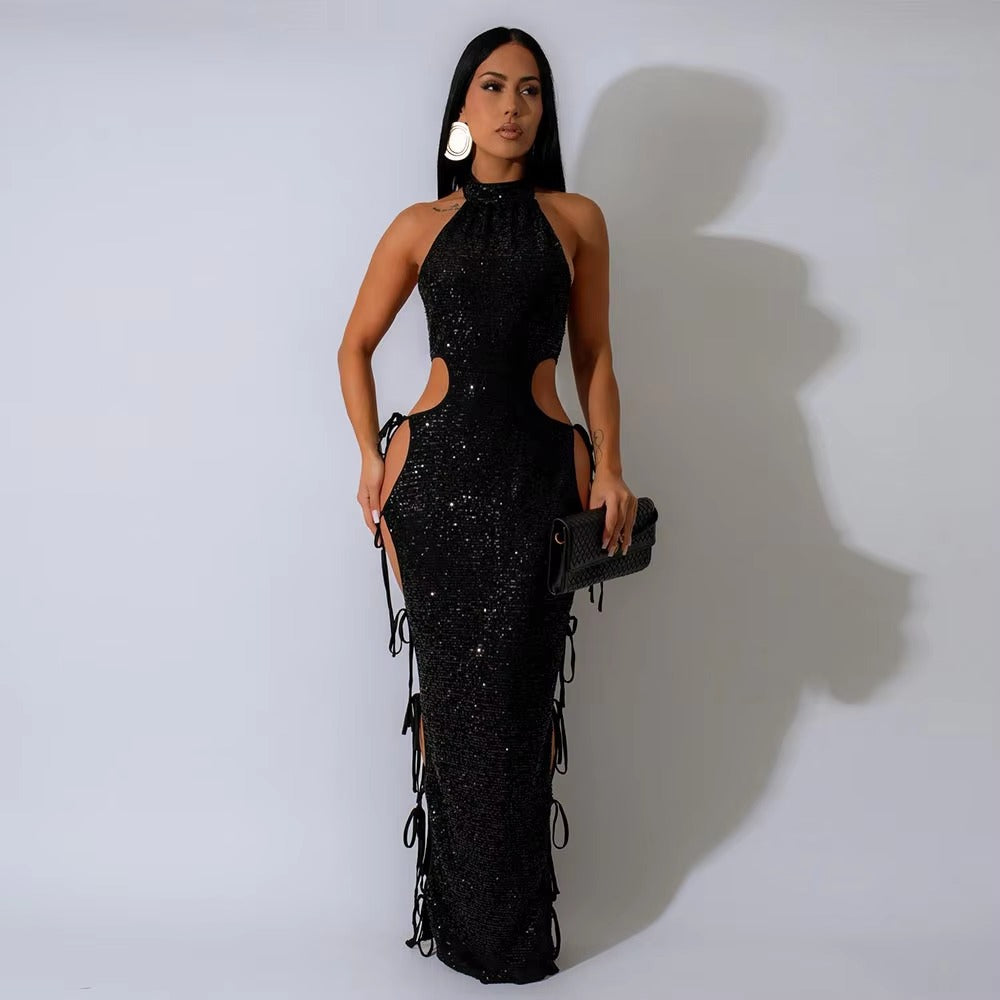 Elegant Sleeveless Hollow Out Side Lace-up Sequined Maxi Dress