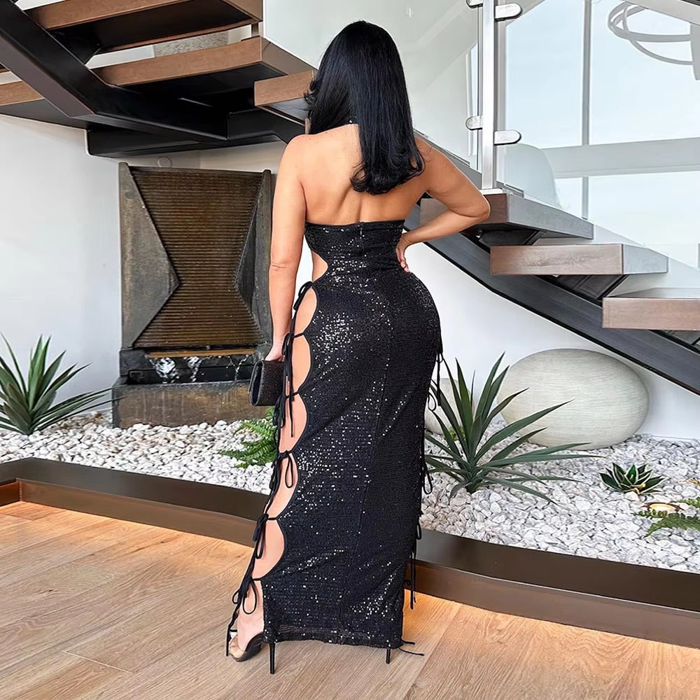 Elegant Sleeveless Hollow Out Side Lace-up Sequined Maxi Dress