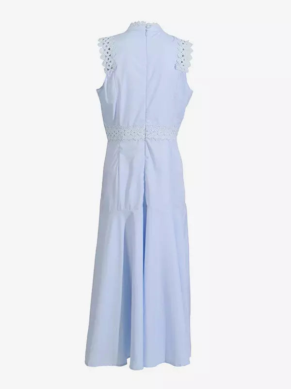 Elegant Sleeveless Long Dress With Lace Eyelet Detail