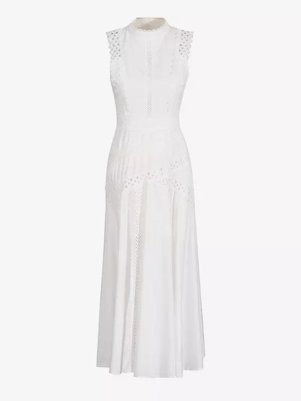 Elegant Sleeveless Long Dress With Lace Eyelet Detail