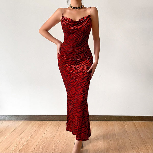Elegant Sleeveless Mesh Zebra Pattern Bodycon Slip Dress
