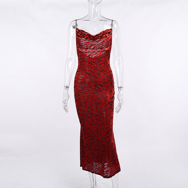 Elegant Sleeveless Mesh Zebra Pattern Bodycon Slip Dress