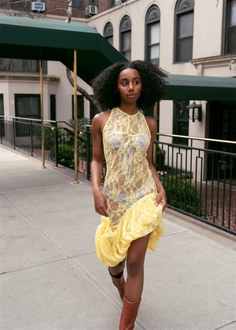 Elegant Sleeveless O-Neck Lace See Through Ruffle Midi Dress