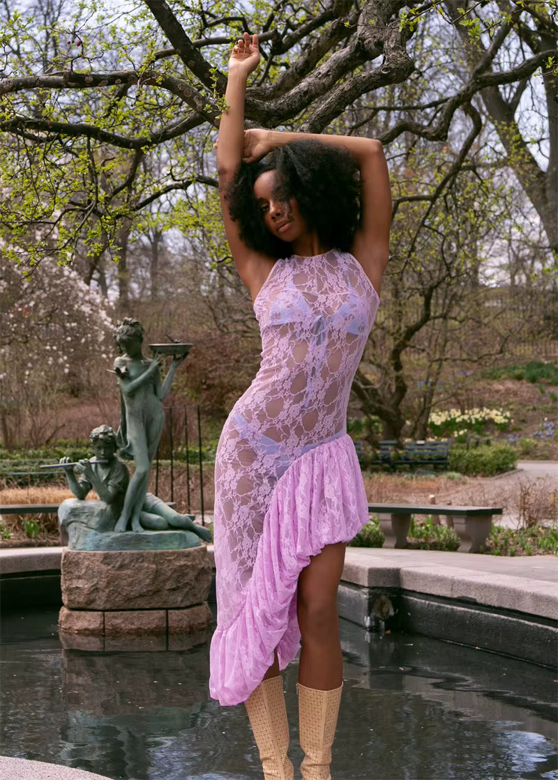 Elegant Sleeveless O-Neck Lace See Through Ruffle Midi Dress