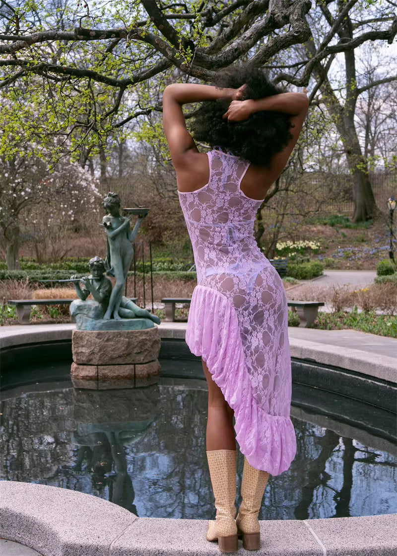 Elegant Sleeveless O-Neck Lace See Through Ruffle Midi Dress