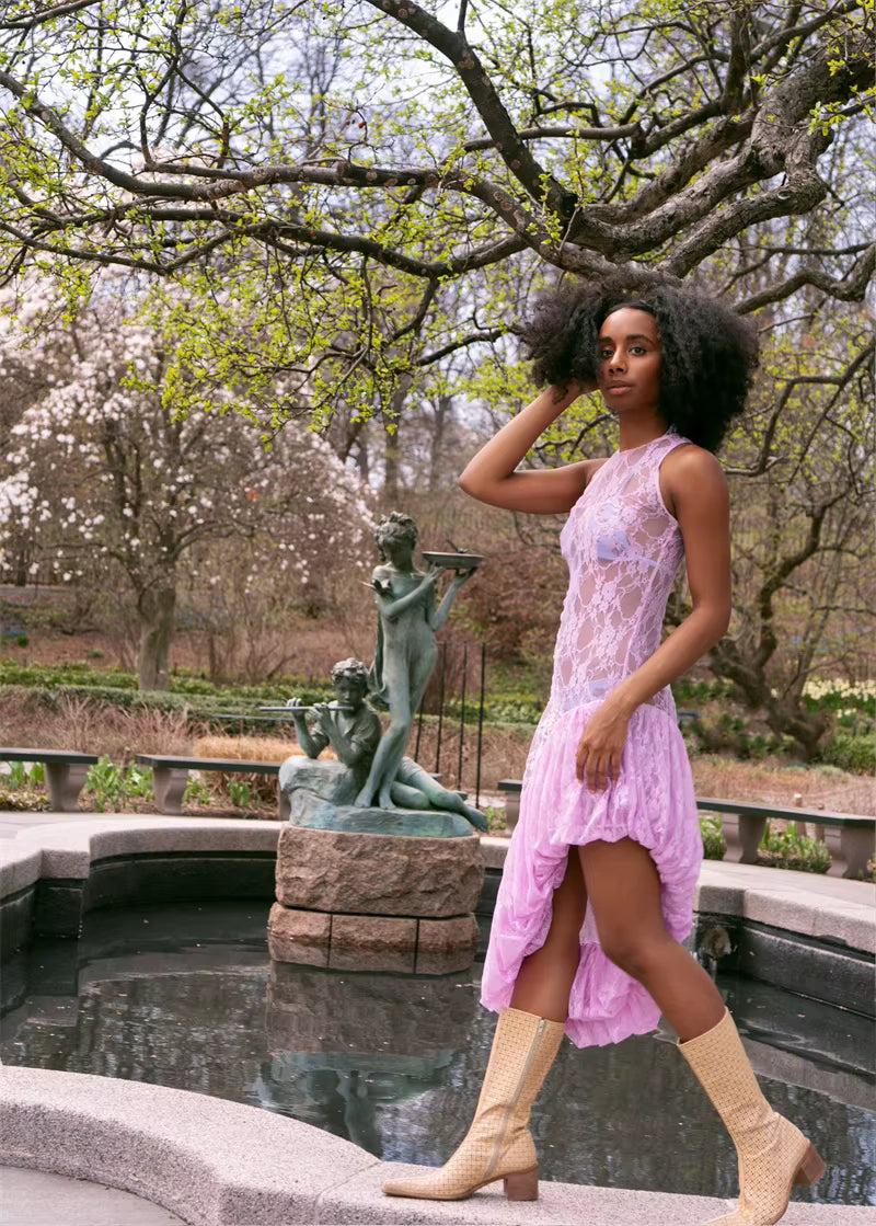 Elegant Sleeveless O-Neck Lace See Through Ruffle Midi Dress