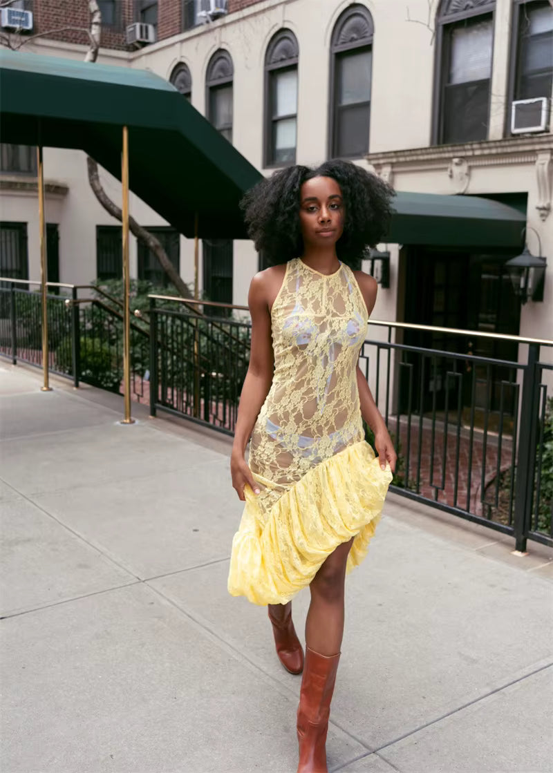 Elegant Sleeveless O-Neck Lace See Through Ruffle Midi Dress
