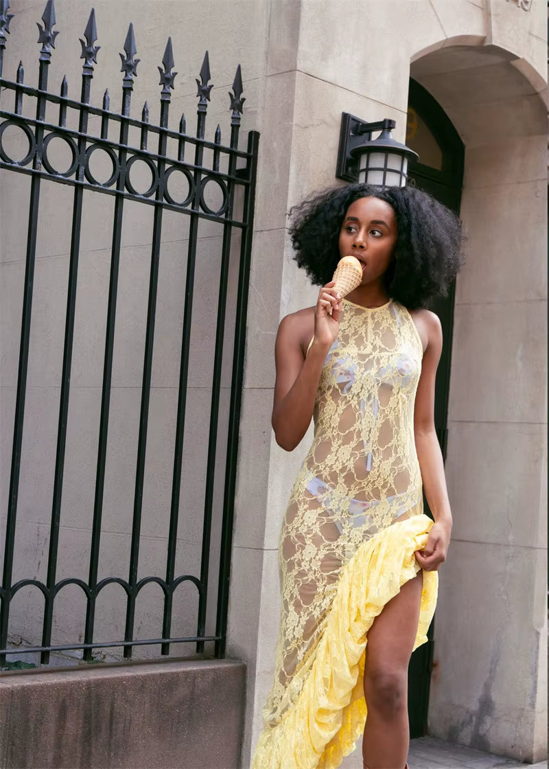 Elegant Sleeveless O-Neck Lace See Through Ruffle Midi Dress