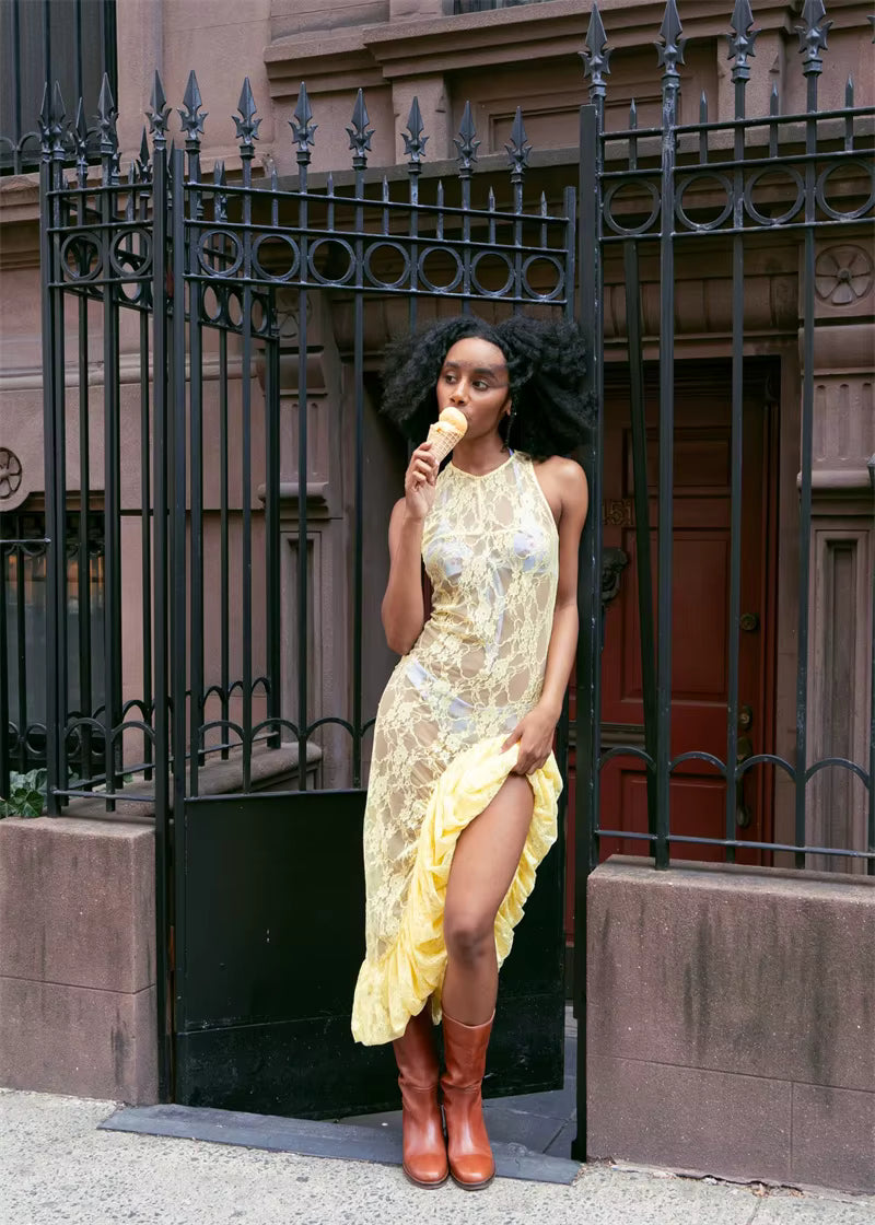 Elegant Sleeveless O-Neck Lace See Through Ruffle Midi Dress