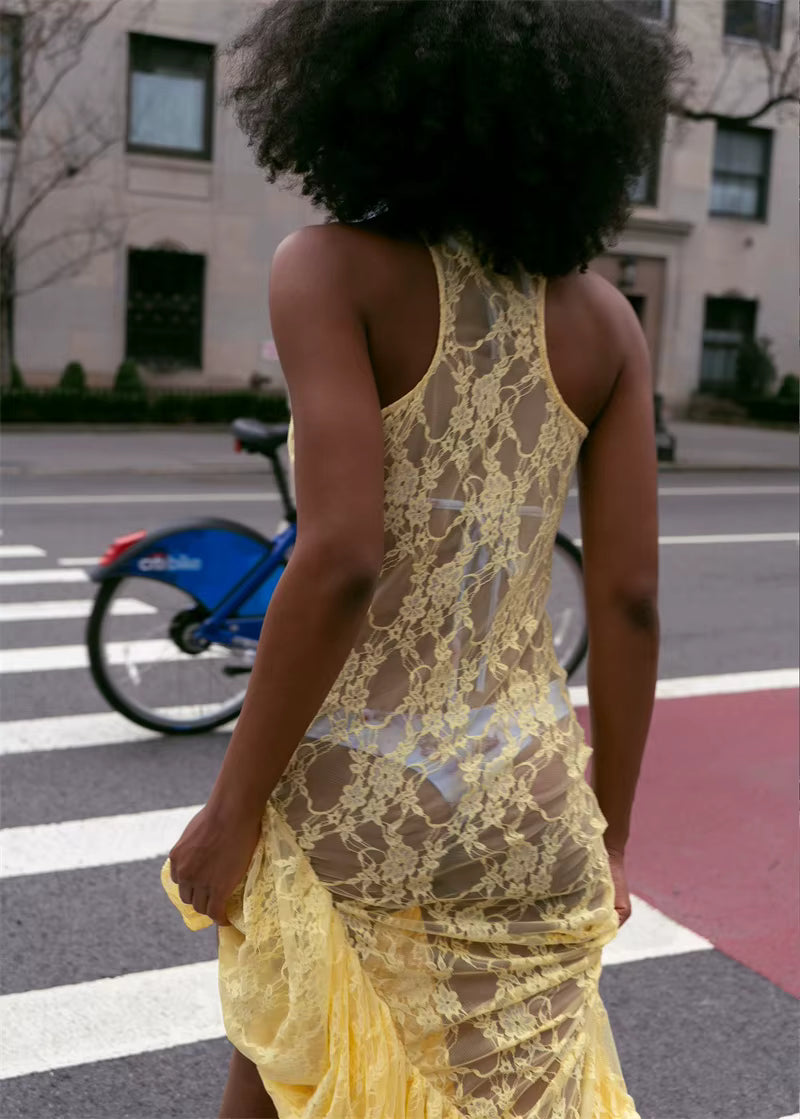 Elegant Sleeveless O-Neck Lace See Through Ruffle Midi Dress