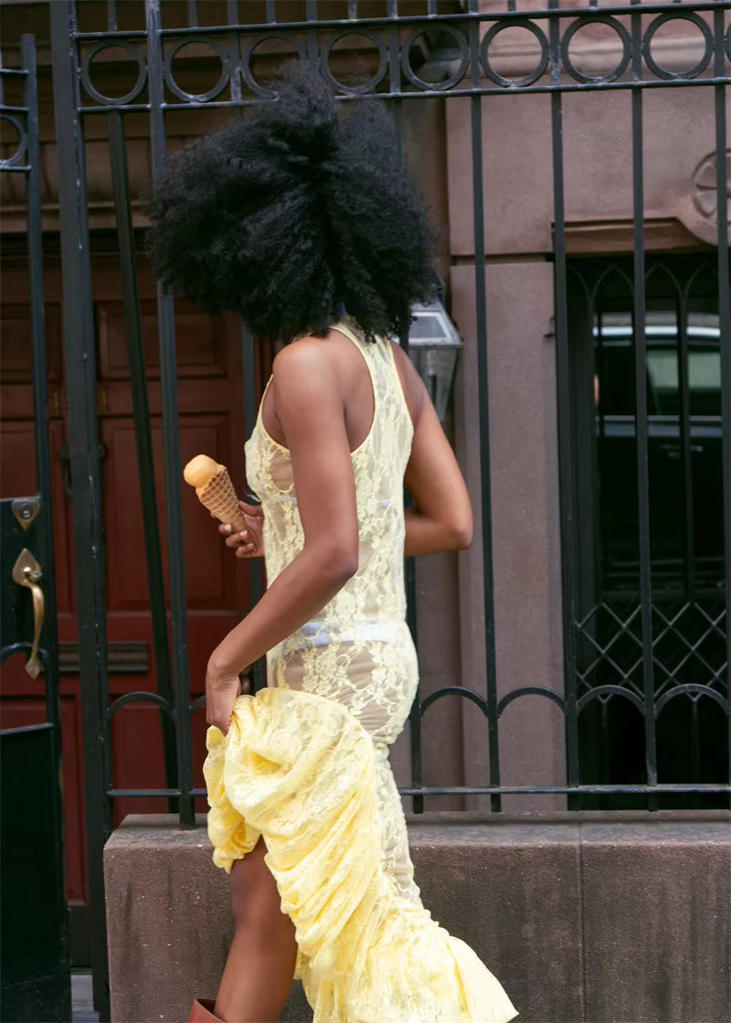 Elegant Sleeveless O-Neck Lace See Through Ruffle Midi Dress