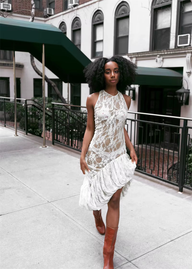 Elegant Sleeveless O-Neck Lace See Through Ruffle Midi Dress