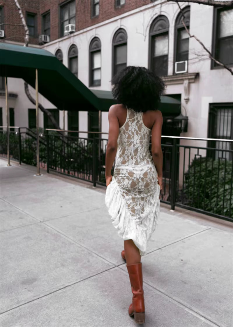Elegant Sleeveless O-Neck Lace See Through Ruffle Midi Dress