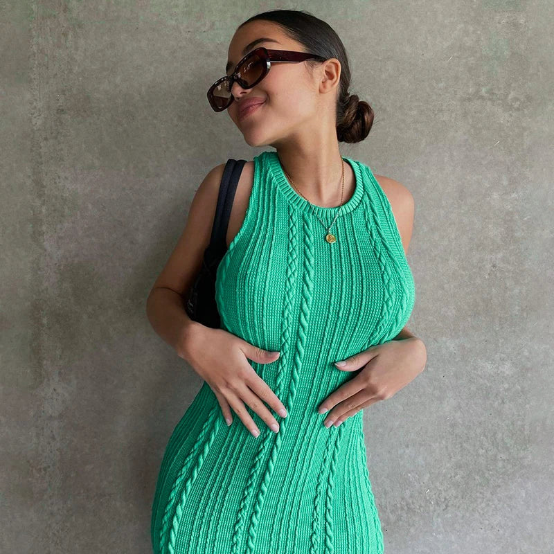 Elegant Sleeveless O-Neck Solid Streetwear Party Club Bodycon Sweater Dress