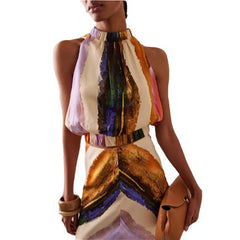 Elegant Sleeveless O-neck Vintage Commute 2PC Leisure Pleated Dress