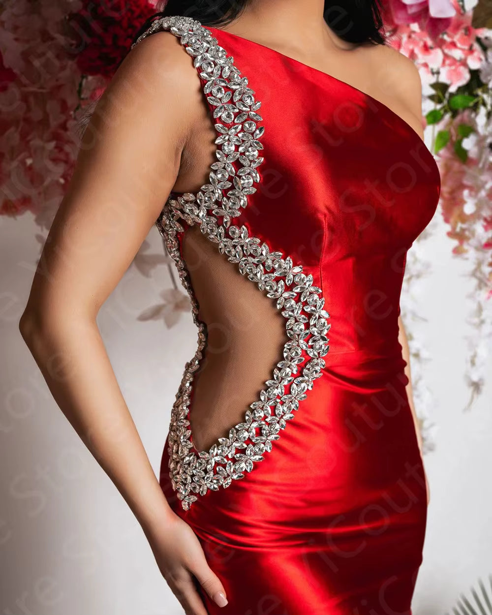 Elegant Sleeveless One Shoulder Pageant Beaded Cocktail Mini Dress