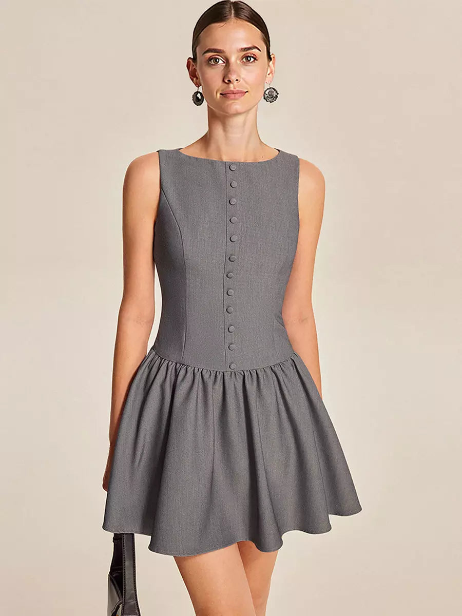 Elegant Sleeveless Pleated With Button-Front Mini Dress