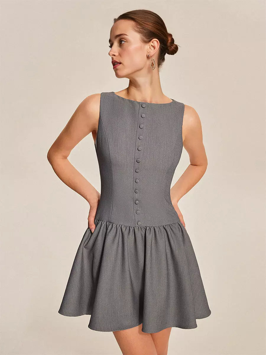 Elegant Sleeveless Pleated With Button-Front Mini Dress