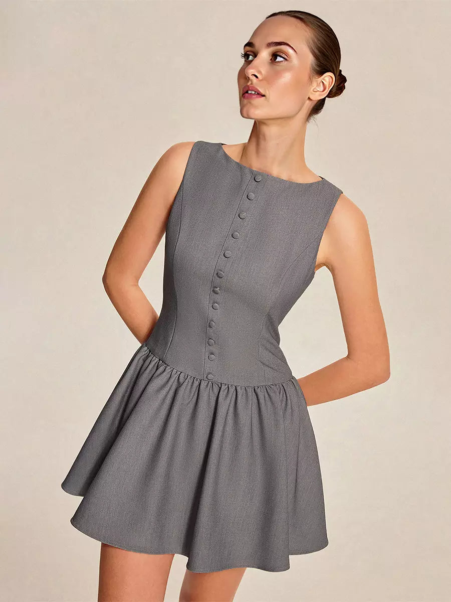 Elegant Sleeveless Pleated With Button-Front Mini Dress