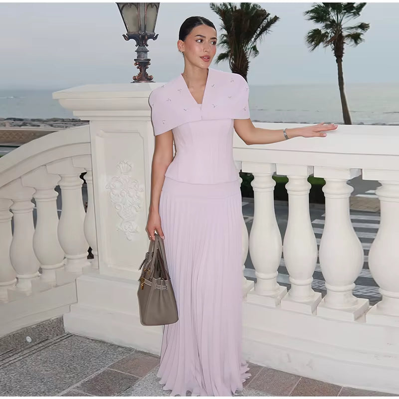Elegant Sleeveless Shawl Slim Top Pleated High Waist Long Skirt Two Piece Set