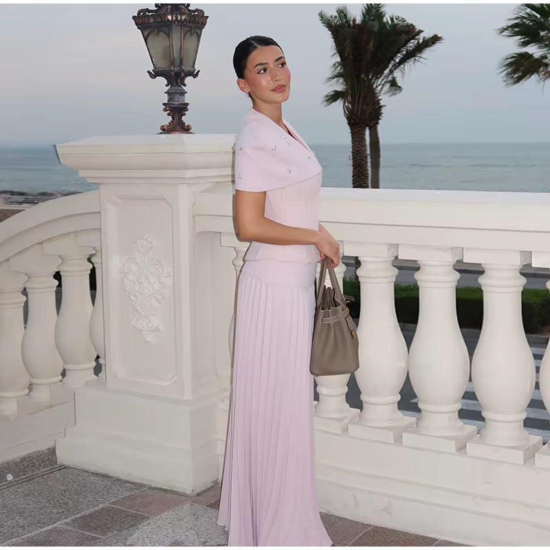Elegant Sleeveless Shawl Slim Top Pleated High Waist Long Skirt Two Piece Set