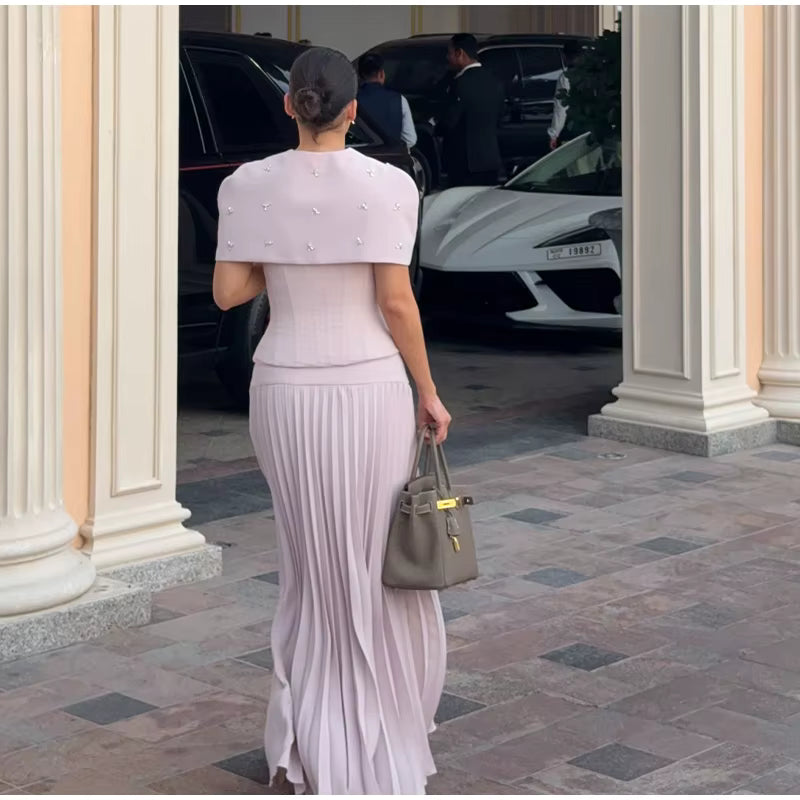 Elegant Sleeveless Shawl Slim Top Pleated High Waist Long Skirt Two Piece Set