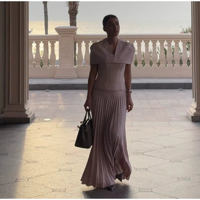 Elegant Sleeveless Shawl Slim Top Pleated High Waist Long Skirt Two Piece Set