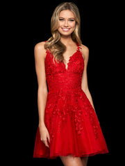 Elegant Sleeveless Short A-Line V-Neck Lace Homecoming Mini Dress