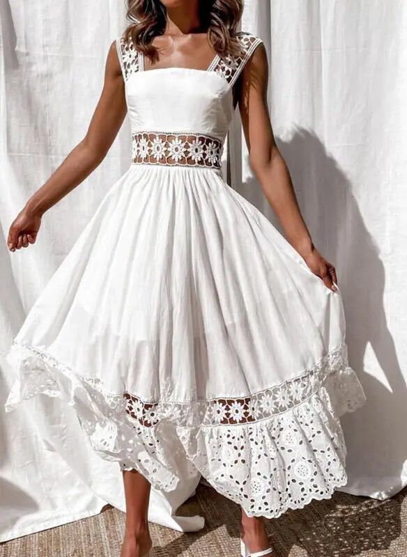 Elegant Sleeveless Solid Color Slip Lace Frock Hollow Out Beach Wear Long Maxi Dress