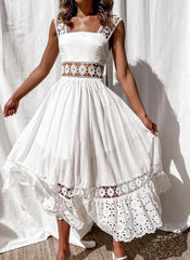 Elegant Sleeveless Solid Color Slip Lace Frock Hollow Out Beach Wear Long Maxi Dress
