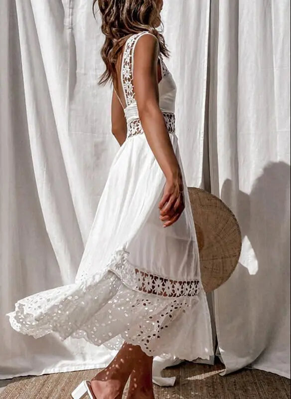 Elegant Sleeveless Solid Color Slip Lace Frock Hollow Out Beach Wear Long Maxi Dress