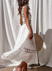 Elegant Sleeveless Solid Color Slip Lace Frock Hollow Out Beach Wear Long Maxi Dress