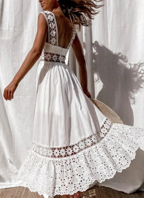 Elegant Sleeveless Solid Color Slip Lace Frock Hollow Out Beach Wear Long Maxi Dress