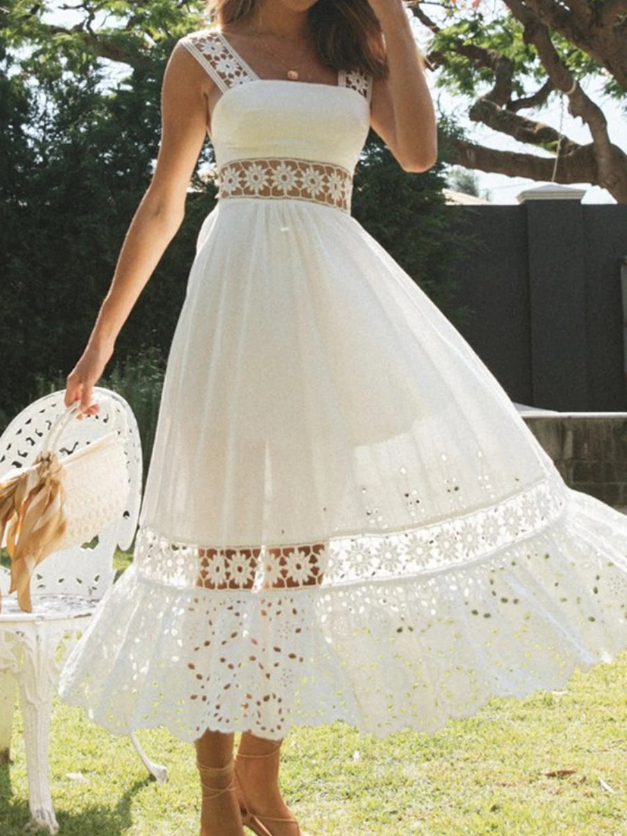 Elegant Sleeveless Solid Color Slip Lace Frock Hollow Out Beach Wear Long Maxi Dress