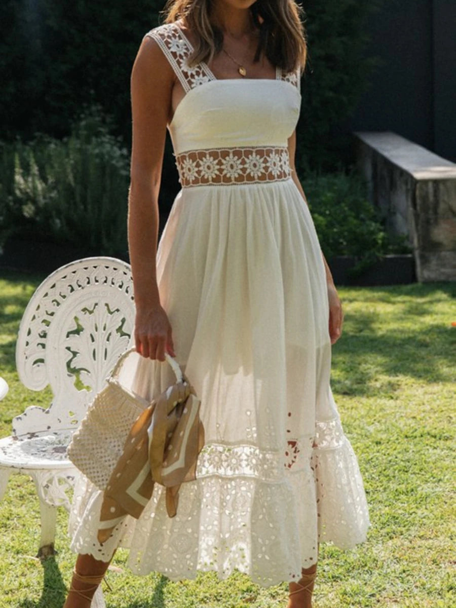 Elegant Sleeveless Solid Color Slip Lace Frock Hollow Out Beach Wear Long Maxi Dress
