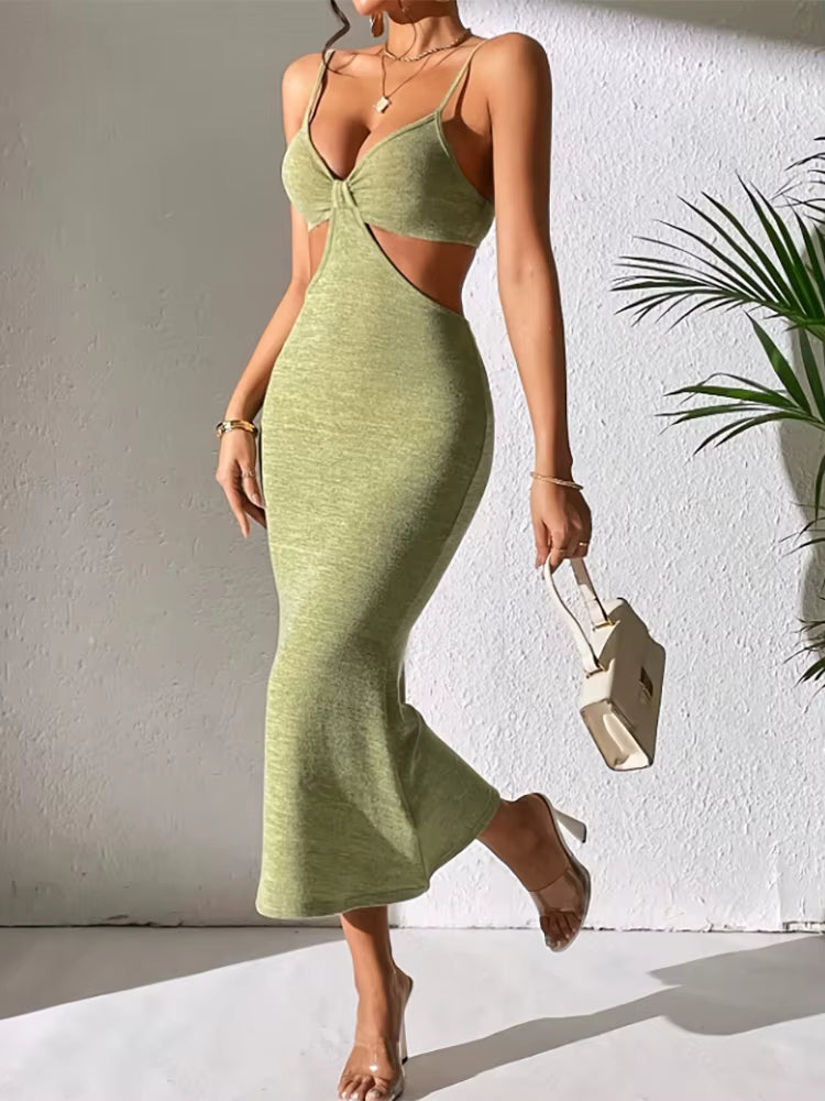 Elegant Sleeveless Spaghetti Strap Polyester Backless Midi Dress