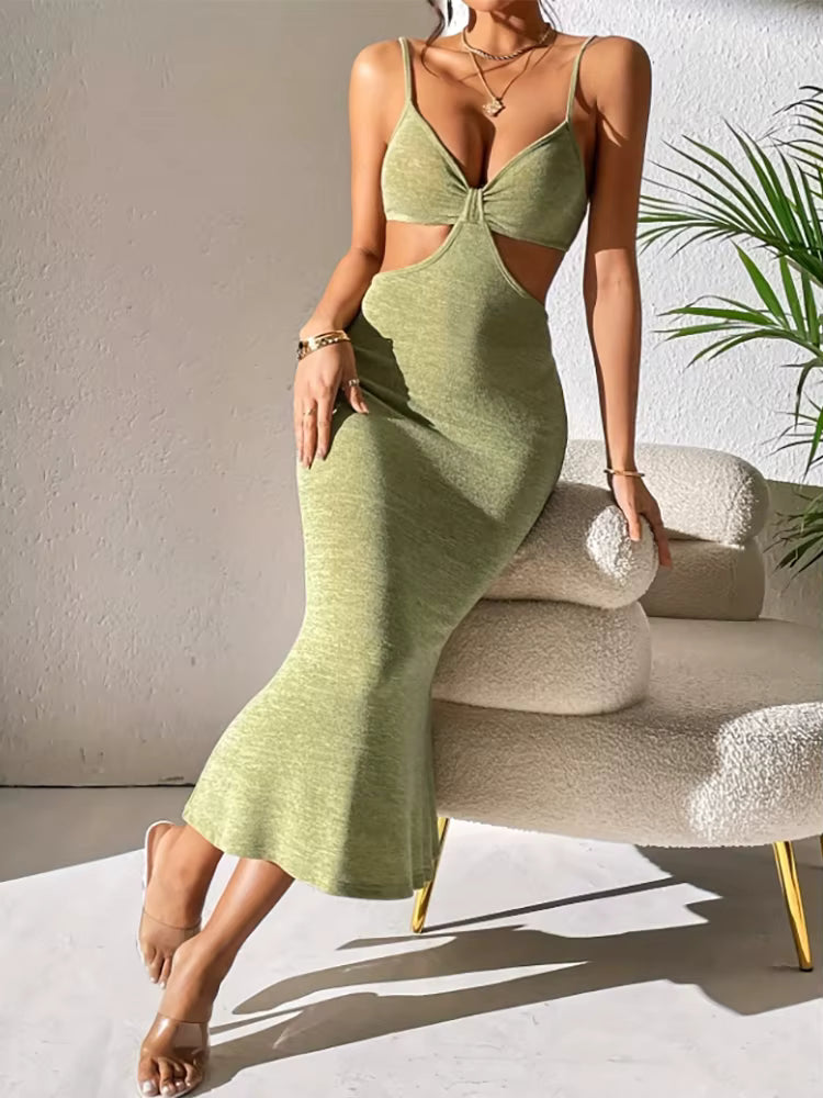 Elegant Sleeveless Spaghetti Strap Polyester Backless Midi Dress