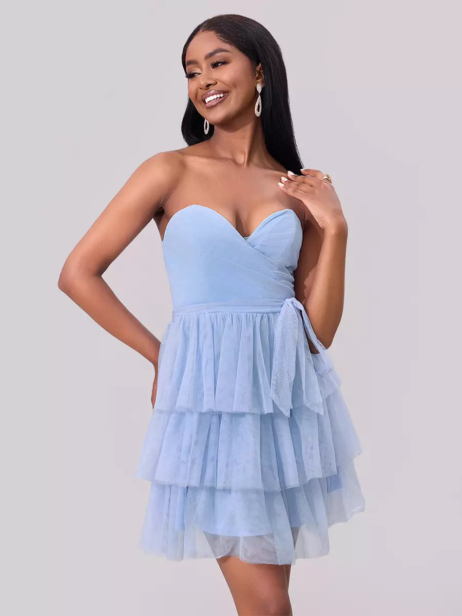 Elegant Sleeveless Sweetheart Neckline Tiered Ruffle Layered Mini Party Dress